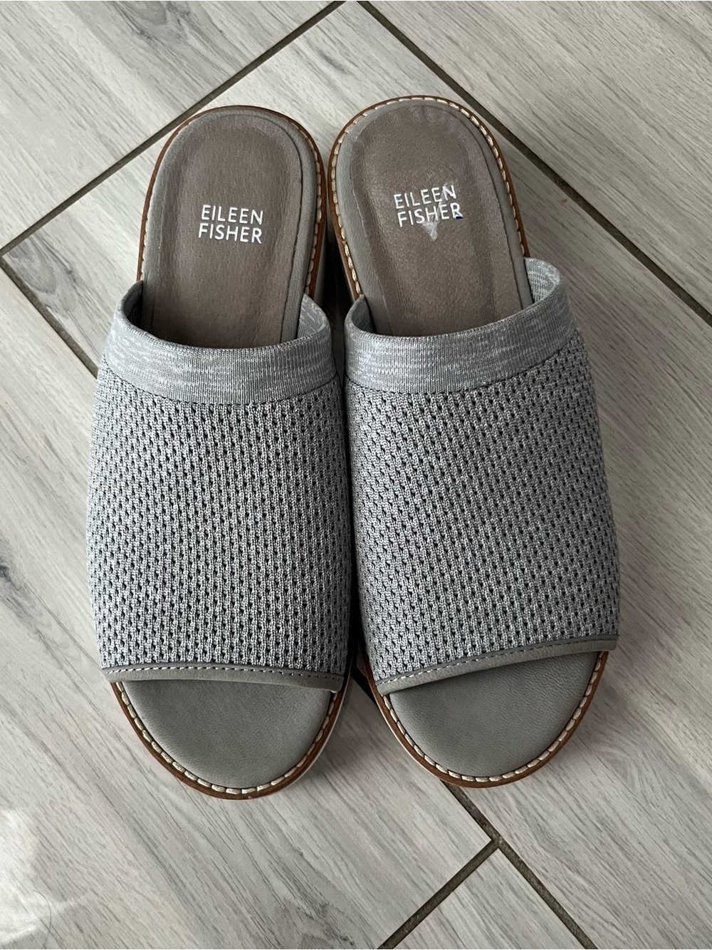 Eileen Fisher Telly Light Gray Knit Open-Toe Slide Wedge Sandals